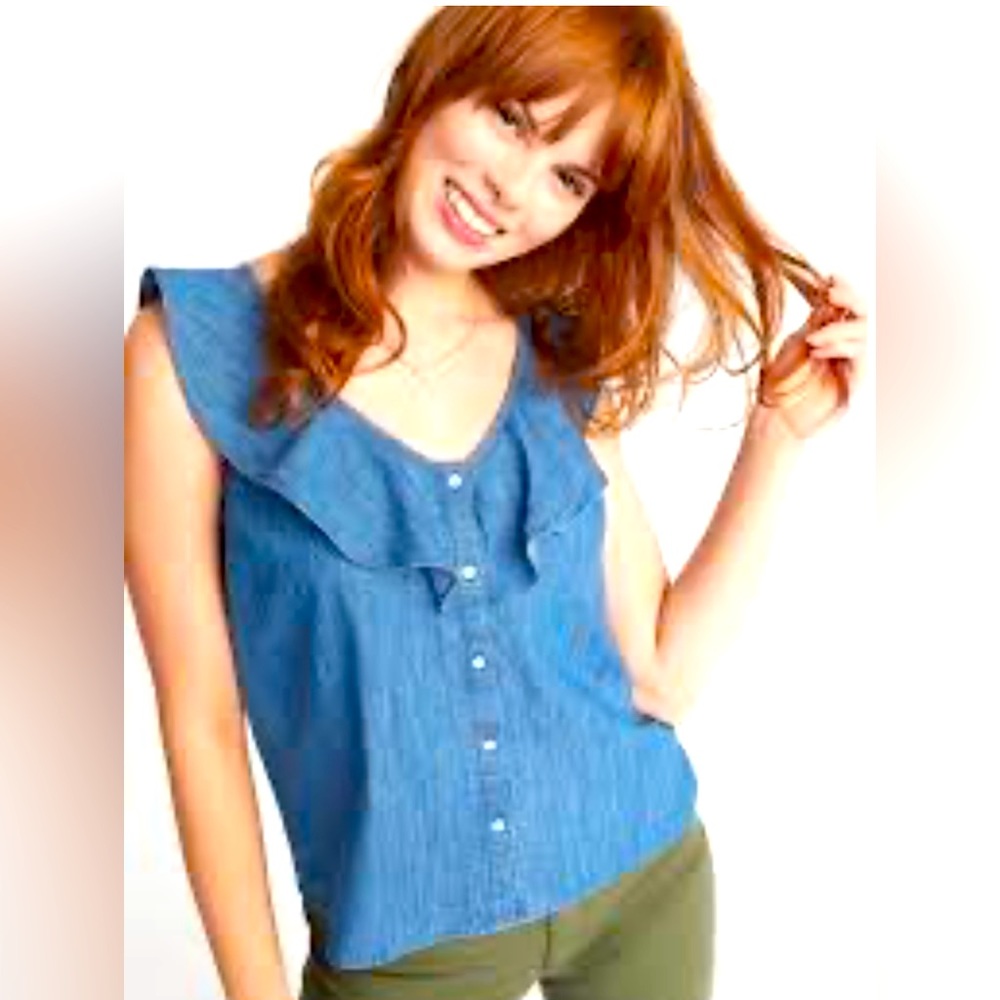 Women's Old Navy Sleeveless Ruffle-Trim-Front Chambray Blouse Size Medium